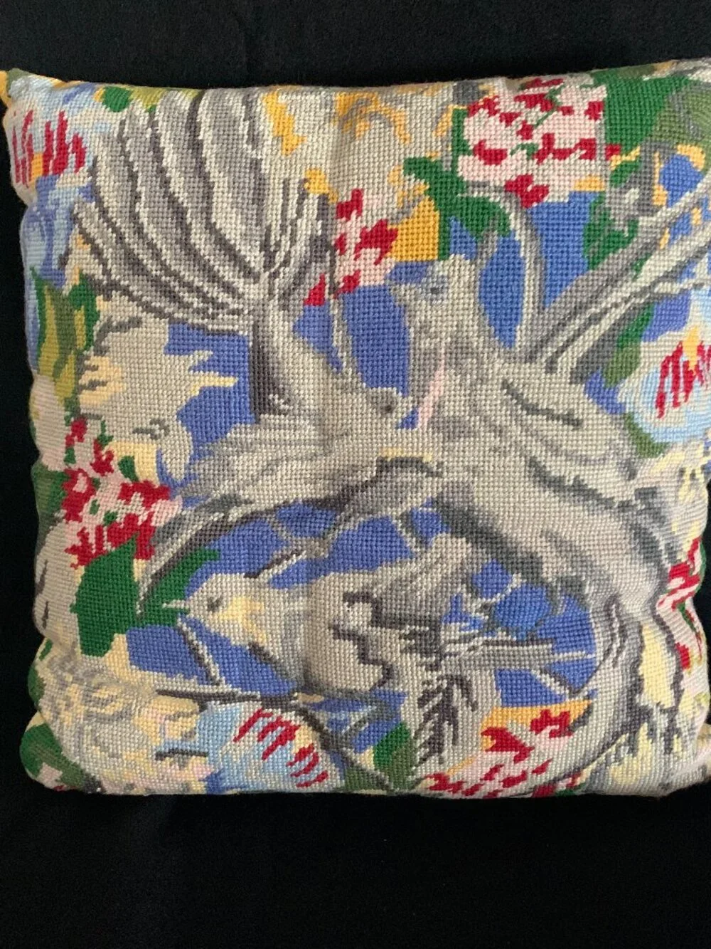 Vintage Handmade Wool Needlepoint Throw Pillow Jacobean Birds Flowers Satin Back